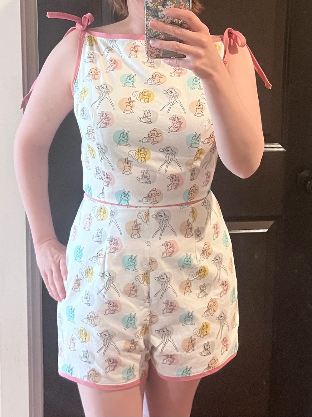 White Bambi Print Tie-Shoulder Romper with Pink Trim